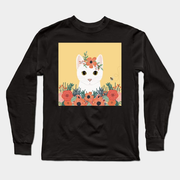 The cute white cat queen is watching you from the flowerbed Long Sleeve T-Shirt by marina63